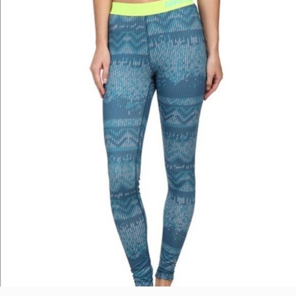 Nike PRO HYPERWARM NORDIC Teal Patterned Leggings with NEON Waistband